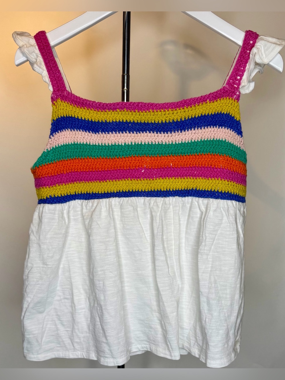 Mini Boden Girls Rainbow Crochet Ruffle Strap Top